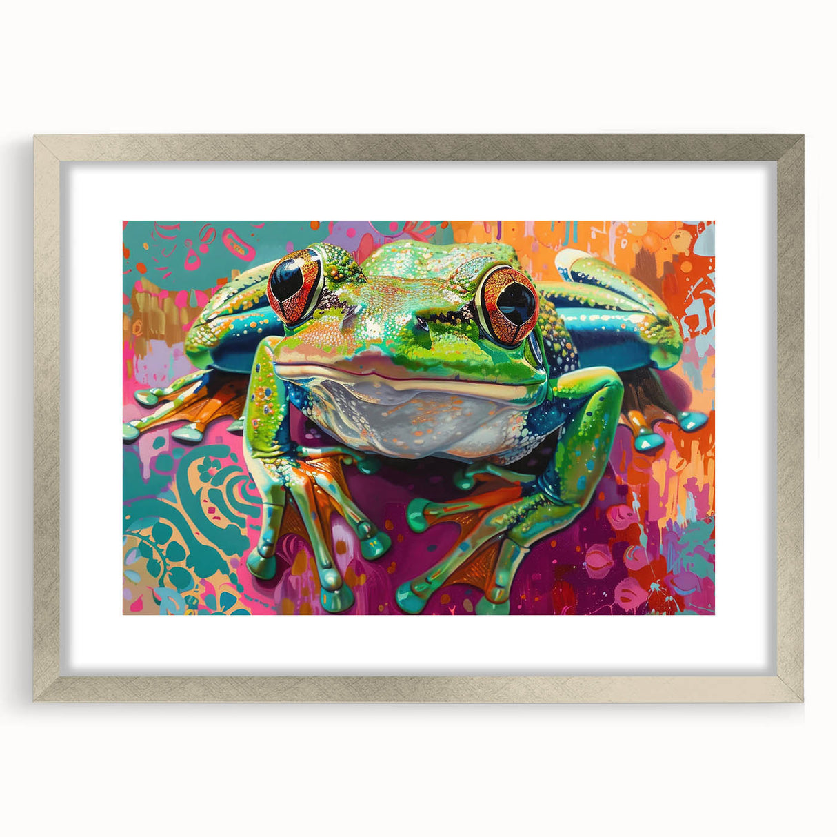 Framed wall art featuring a vibrant frog design, part of a wildlife collection, with a silver frame and mat, highlighting intricate details and colors.