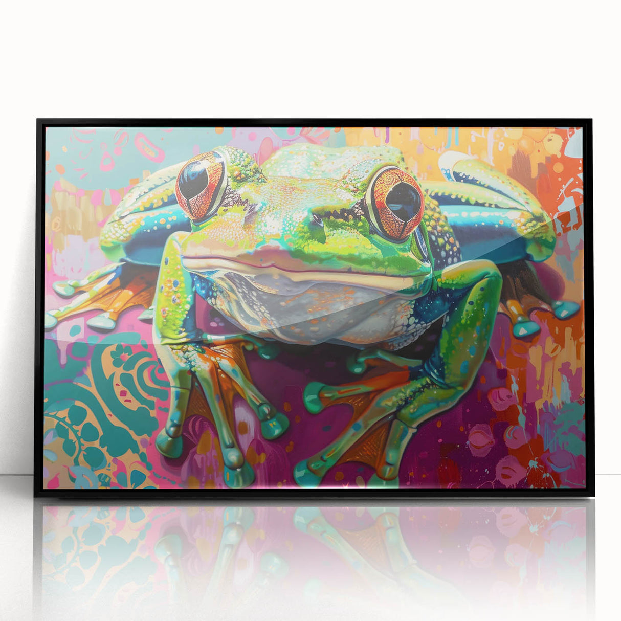 Framed acrylic wall art featuring a vibrant frog design, showcasing intricate details and bold colors, perfect for adding a touch of wild nature to any room.