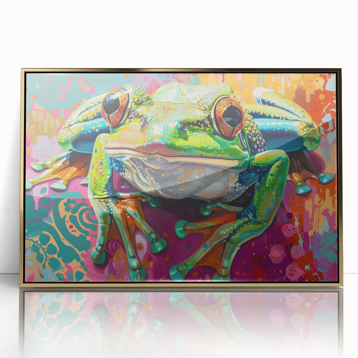 Framed acrylic wall art featuring a vibrant frog design in a gold frame, perfect for animal lovers and nature-themed decor, enhancing any living space.