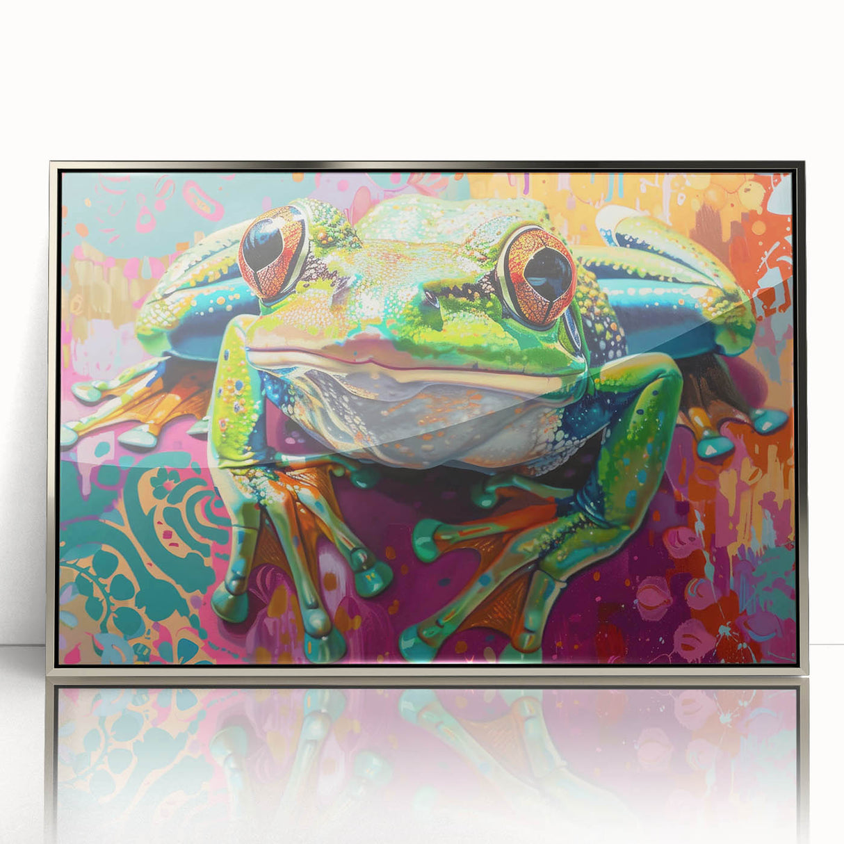 Framed wall art featuring a vibrant frog design in a sleek acrylic finish, showcasing lively colors and intricate details, perfect for nature enthusiasts and home decor.