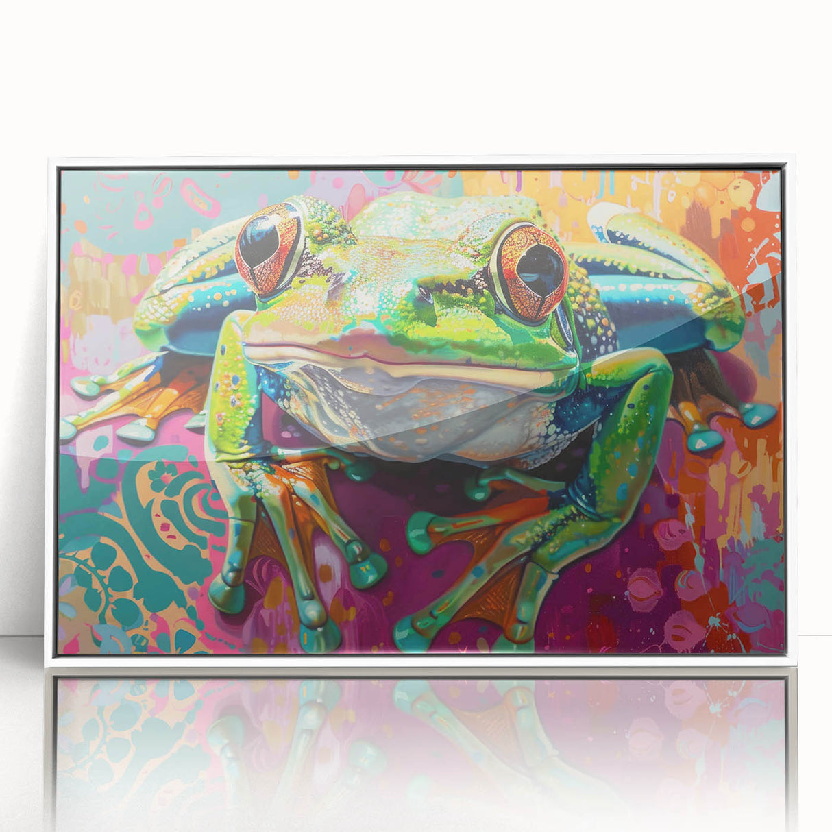 Framed acrylic wall art featuring a vibrant frog design from the 'Animals of the Wild' collection, set against a sleek white background, perfect for nature-themed decor.