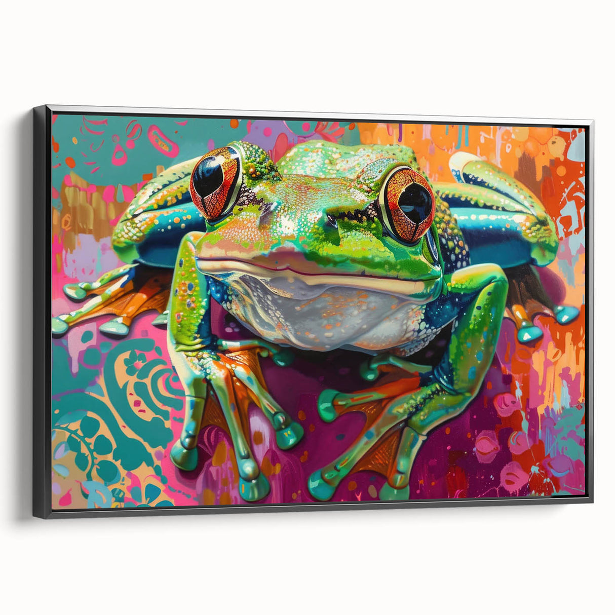 Framed wall art featuring a vibrant frog design in a black frame, showcasing intricate details and colors, ideal for nature-inspired decor.
