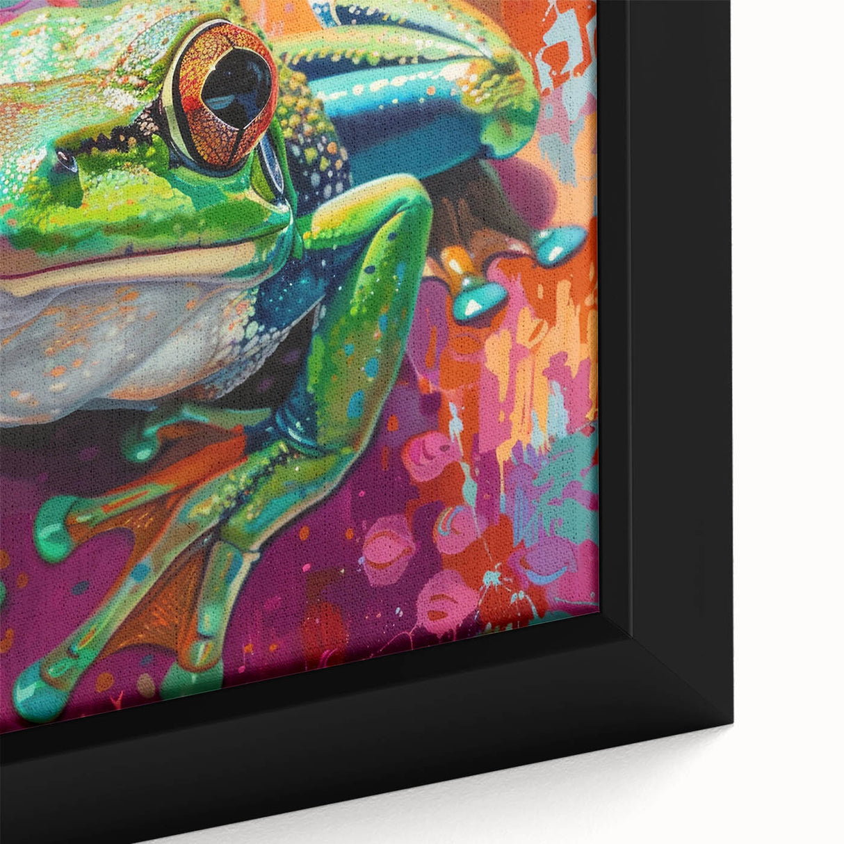 Close-up of a framed canvas wall art depicting a colorful frog design from the "Animals: A Wild Life" collection, showcasing vibrant green and orange hues with intricate details, perfect for nature-themed decor.