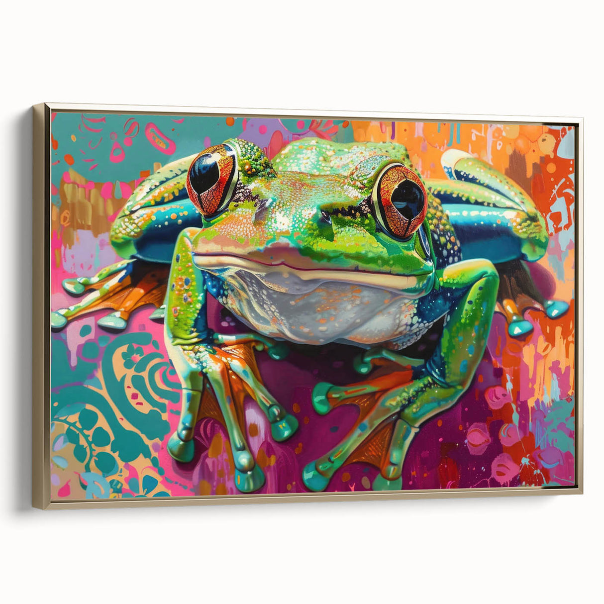 Framed wall art featuring a vibrant green frog design on a textured canvas, set against a gold frame, perfect for nature-themed decor in modern interiors.