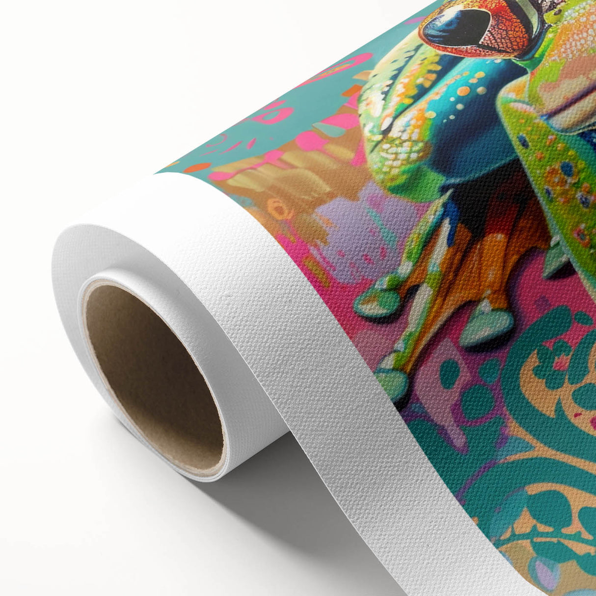Colorful rolled canvas artwork showcasing a vibrant frog design, part of a wildlife collection, featuring intricate details and textures, ideal for nature-themed decor.