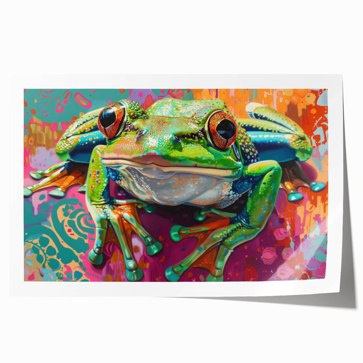 Vibrant frog-themed wall art print featuring a colorful, abstract design, ideal for enhancing home decor. This rolled artwork is perfect for nature lovers and adds a playful touch to any room.