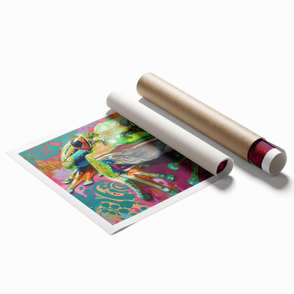 Vibrant frog-themed wall art print showcasing intricate wildlife design with bold colors, rolled and packaged securely in a protective tube for easy display.
