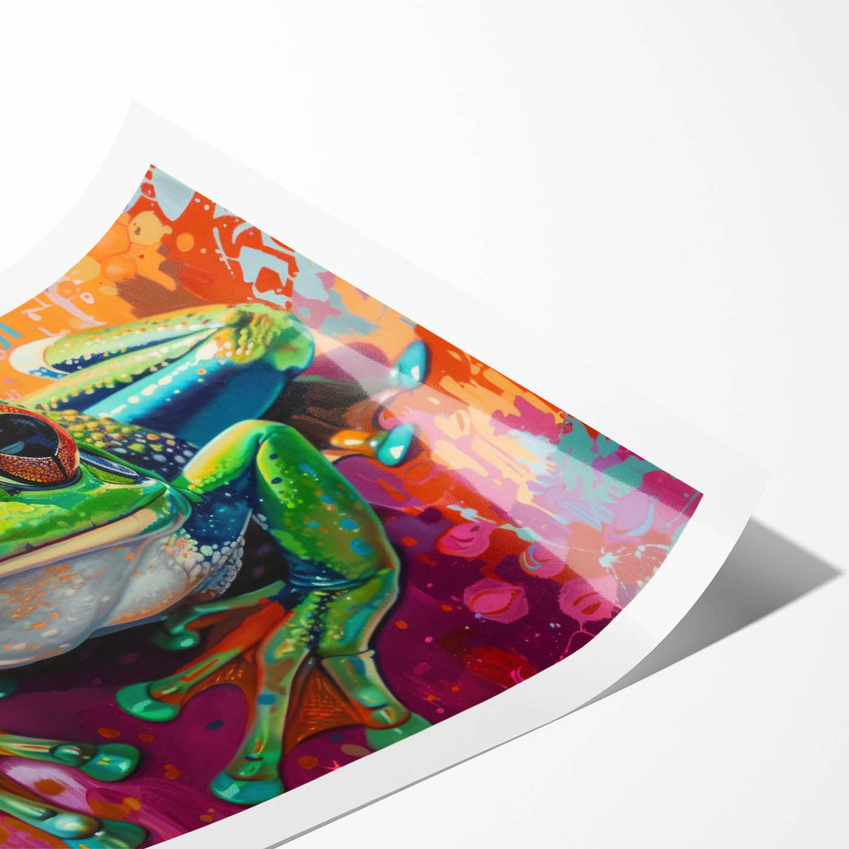 Frog-themed wall art print showcasing vibrant green and yellow colors, rolled and ready for framing, ideal for nature enthusiasts and home decor lovers.