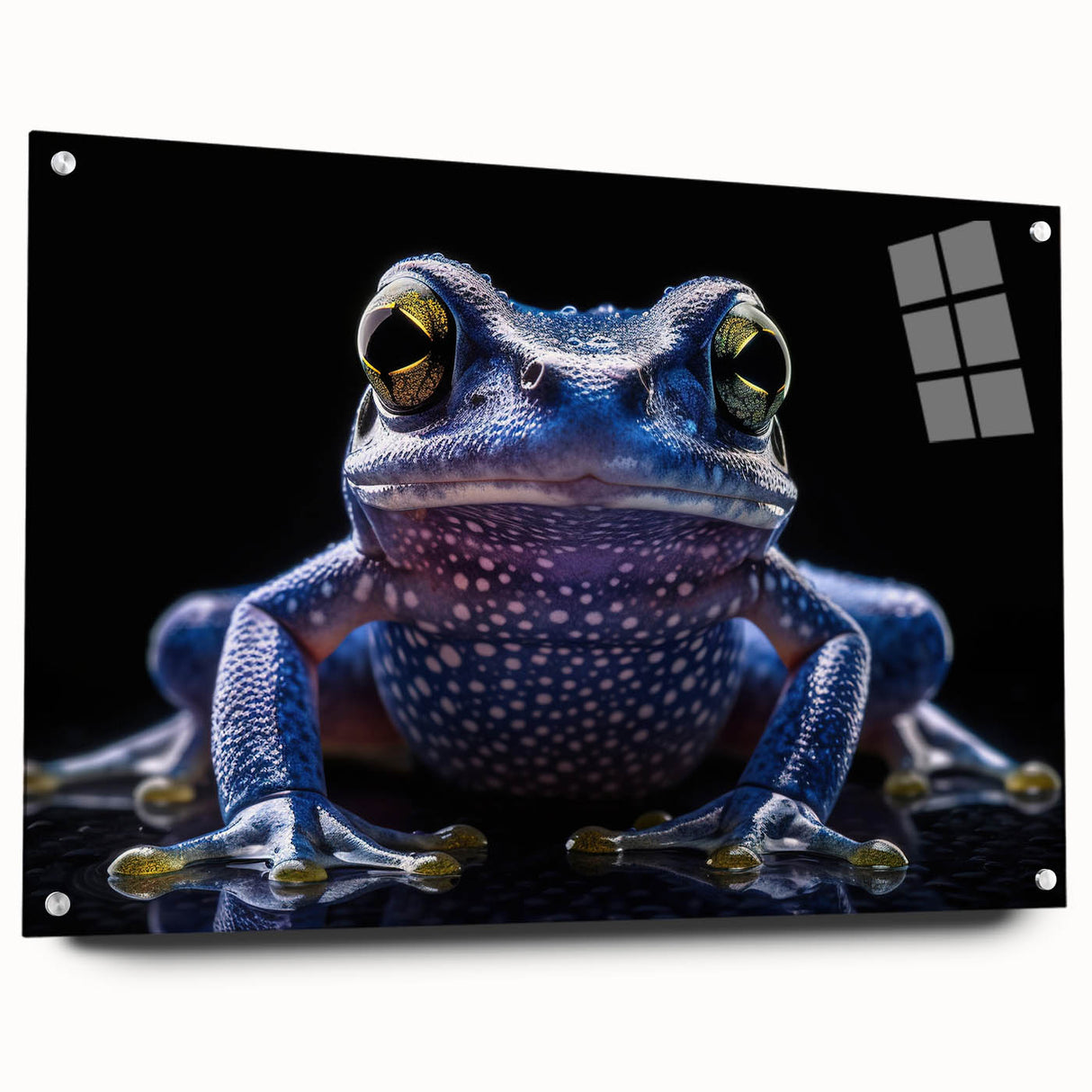 Colorful acrylic glass wall art featuring a detailed frog design, showcasing vibrant greens and blues, mounted with pins for display. Perfect for wildlife lovers.