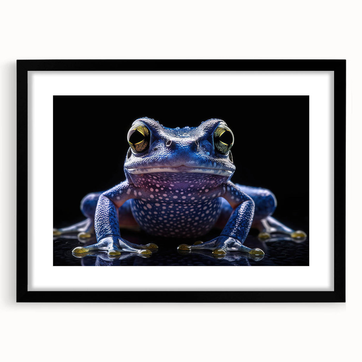 Framed wall art featuring a vibrant frog design in black matting, showcasing detailed colors and textures, perfect for nature lovers and home decor enthusiasts.