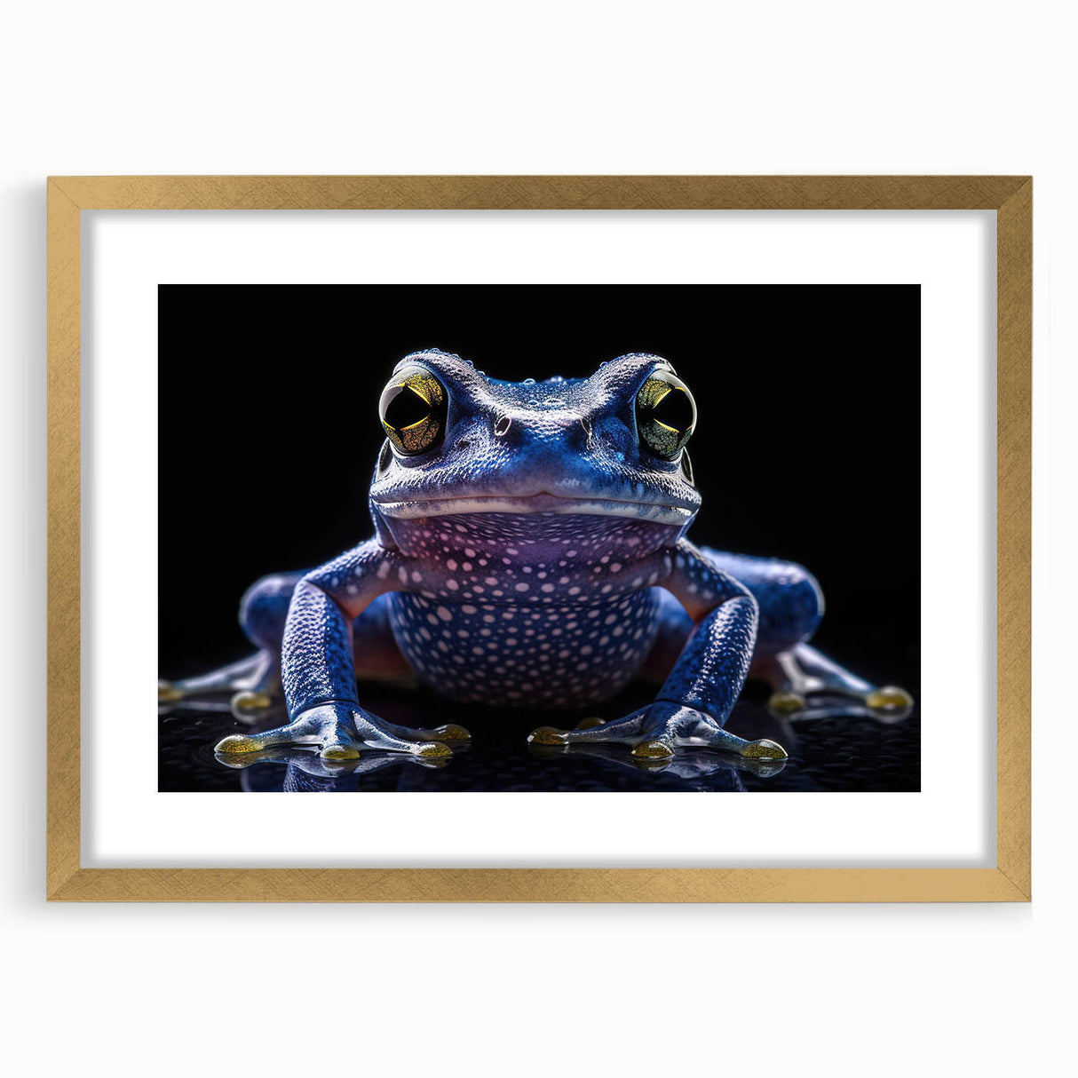 Framed wall art featuring a vibrant green frog design, set in a stylish gold frame with a mat, ideal for nature lovers and home decor enthusiasts.
