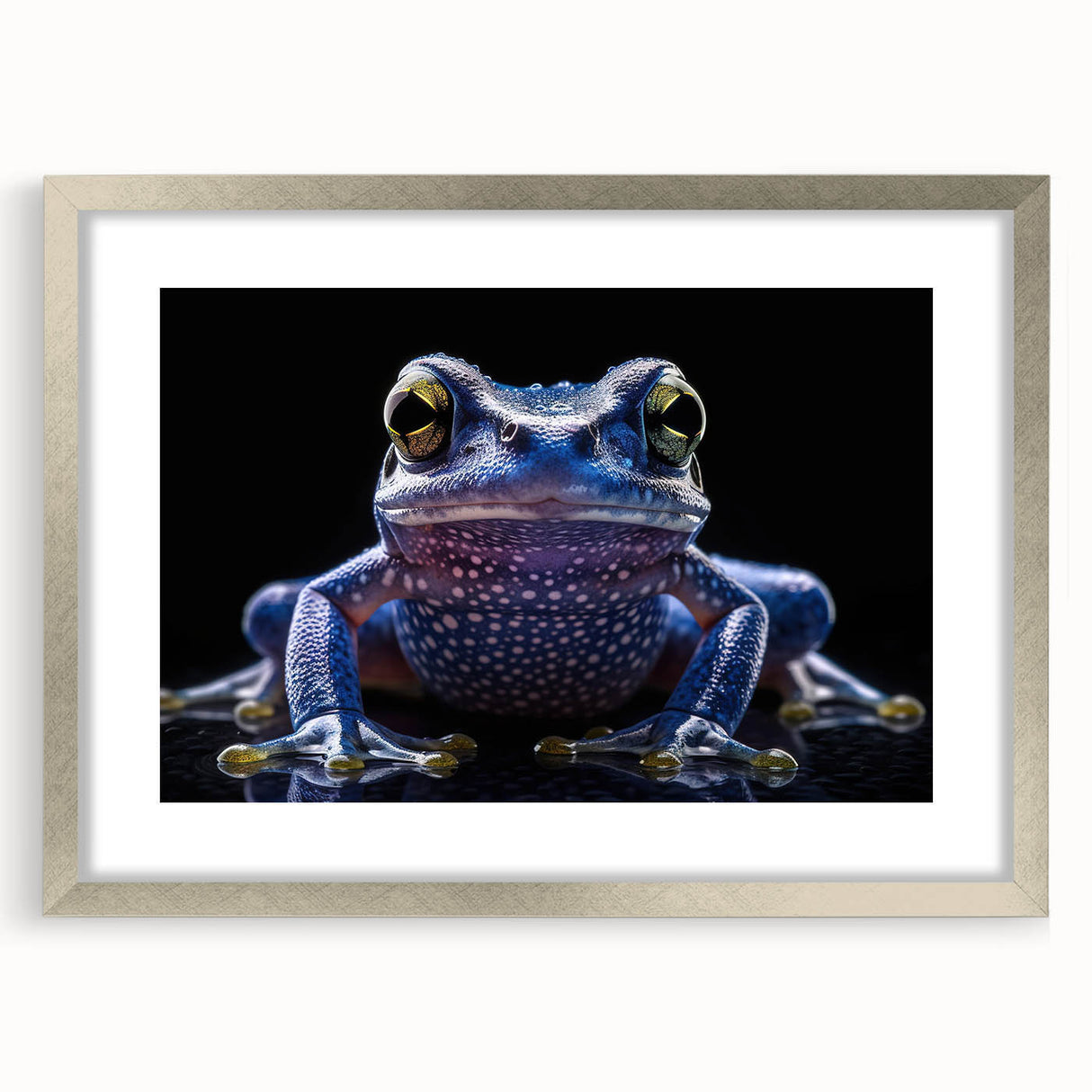 Framed wall art collection showcasing a vibrant frog design, featuring a silver frame and mat, perfect for adding a touch of nature-inspired decor to any space.