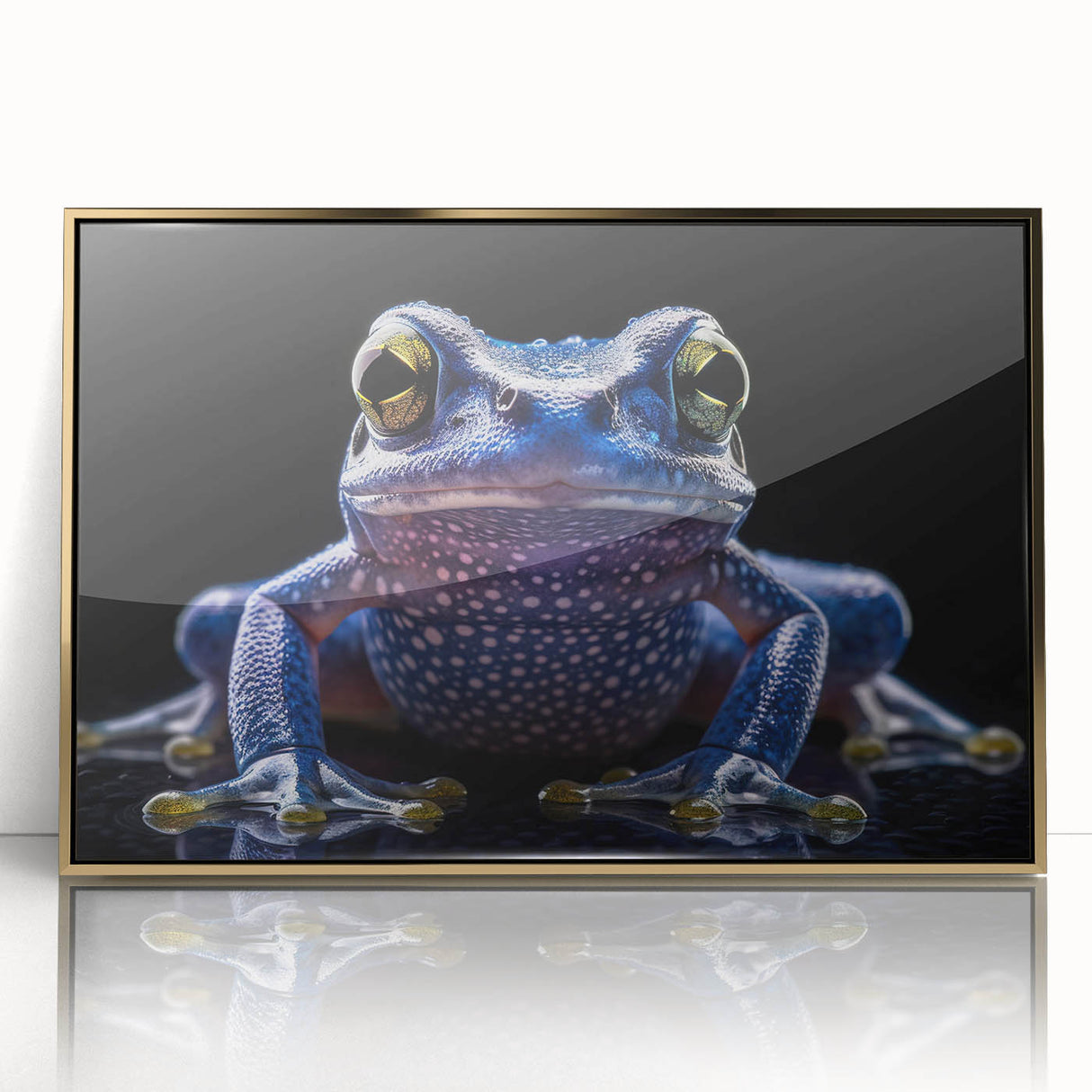 Framed wall art featuring a vibrant gold-accented frog design, showcasing intricate details and colors that add a touch of nature-inspired elegance to any decor.
