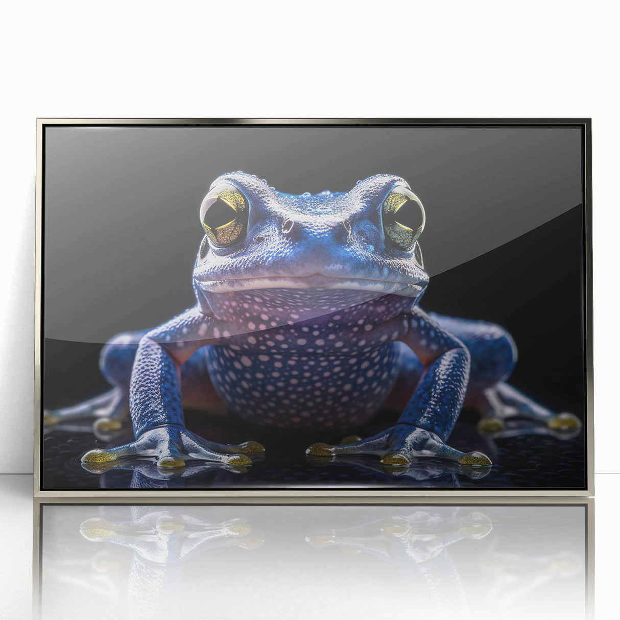 Framed acrylic wall art depicting a vibrant frog design, showcasing detailed textures and colors, perfect for wildlife enthusiasts and modern decor.