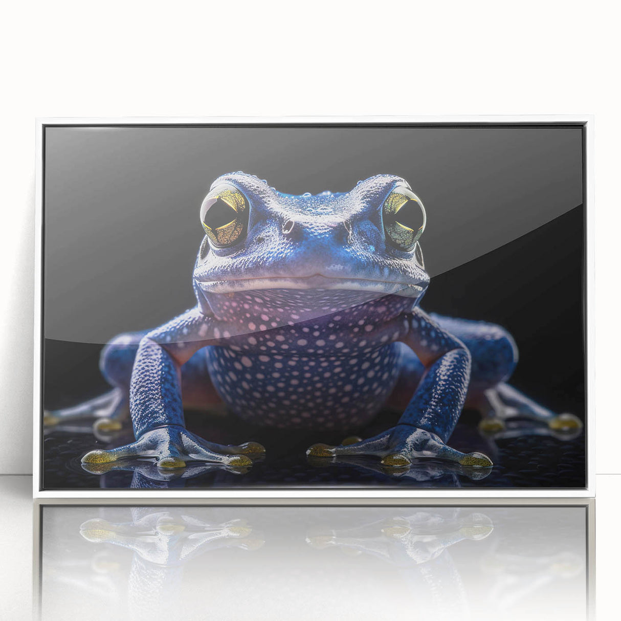 Framed wall art featuring a vibrant frog design from the 'Animals A Wild Life' collection, showcased in a sleek white frame, perfect for nature-inspired decor.