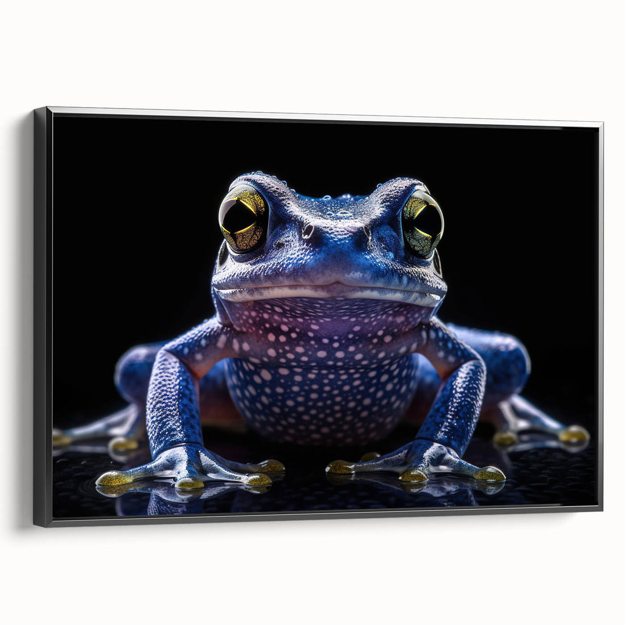 Framed wall art featuring a vibrant frog design from the Animals A Wild Life collection, showcasing intricate details and a sleek black frame, perfect for nature enthusiasts' decor.