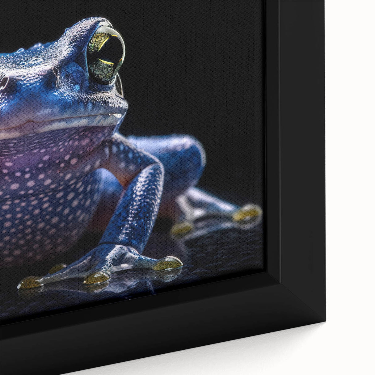 Close-up view of a framed canvas wall art featuring a vibrant frog design, showcasing intricate details and bright colors, perfect for animal lovers and nature enthusiasts.