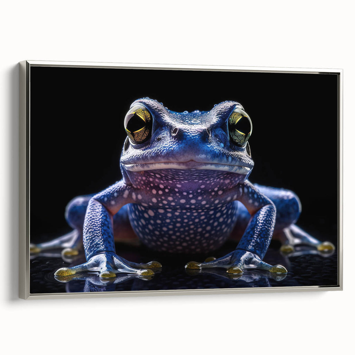 Framed canvas wall art showcasing a vibrant frog design in silver frame, perfect for wildlife enthusiasts, adding a pop of color to home decor.