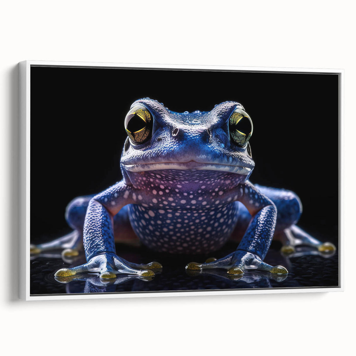 Framed wall art depicting a vibrant frog design in a colorful, nature-inspired theme; ideal for animal lovers and home decor enthusiasts. The canvas features a white background that enhances the vivid colors of the artwork, making it a stunning focal point for any room.