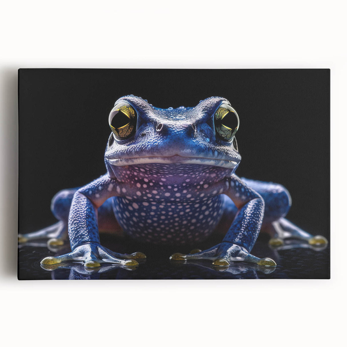 Colorful wall art featuring a close-up design of a vibrant green frog on stretched canvas, showcasing intricate details and textures, perfect for nature lovers.