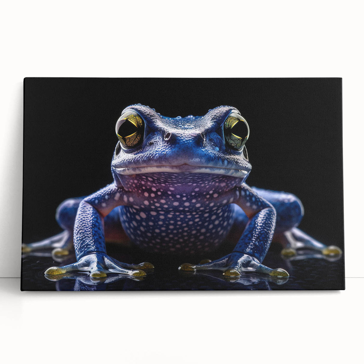 Vibrant stretched canvas wall art featuring a colorful frog design, perfect for nature-themed decor. Ideal for animal lovers and modern interiors.