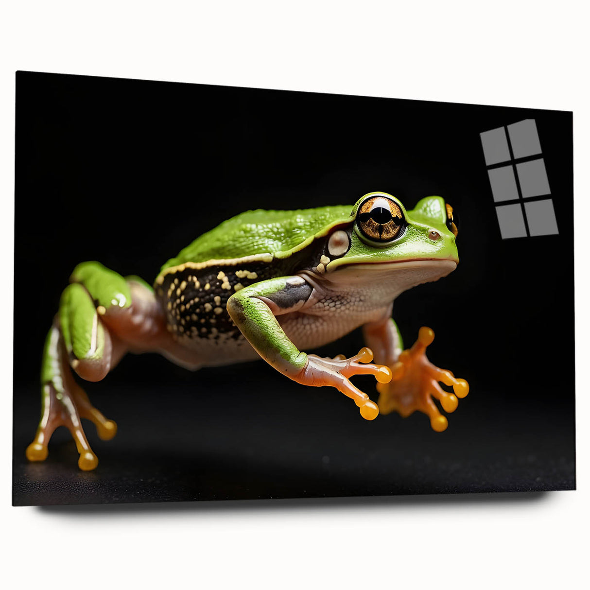 Colorful acrylic glass wall art featuring a whimsical frog design, showcasing vibrant green hues and playful details, perfect for adding a touch of nature to any room decor.
