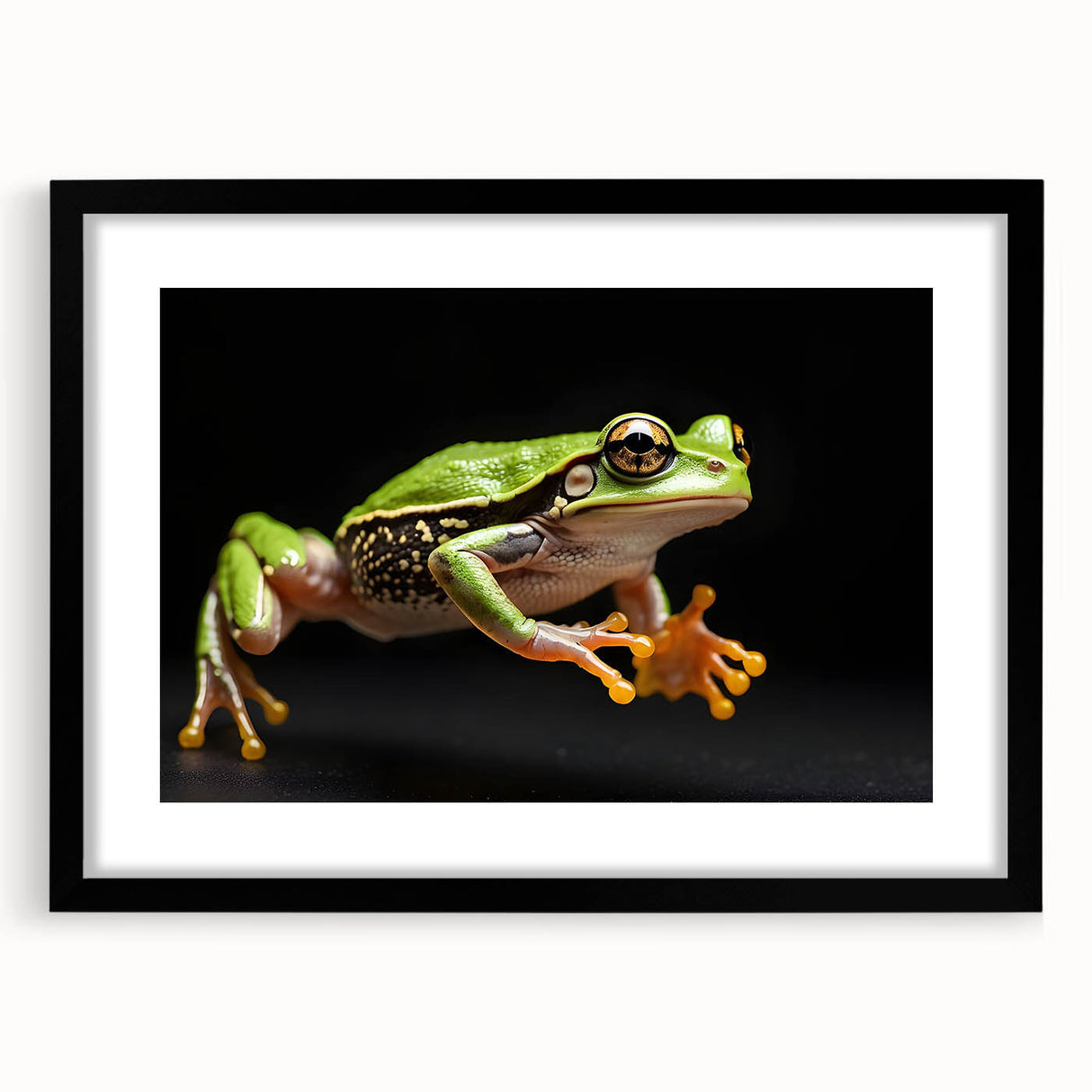 Framed wall art collection featuring a vibrant frog design, elegantly displayed with a black mat. Ideal for enhancing wildlife-themed decor in homes or offices.