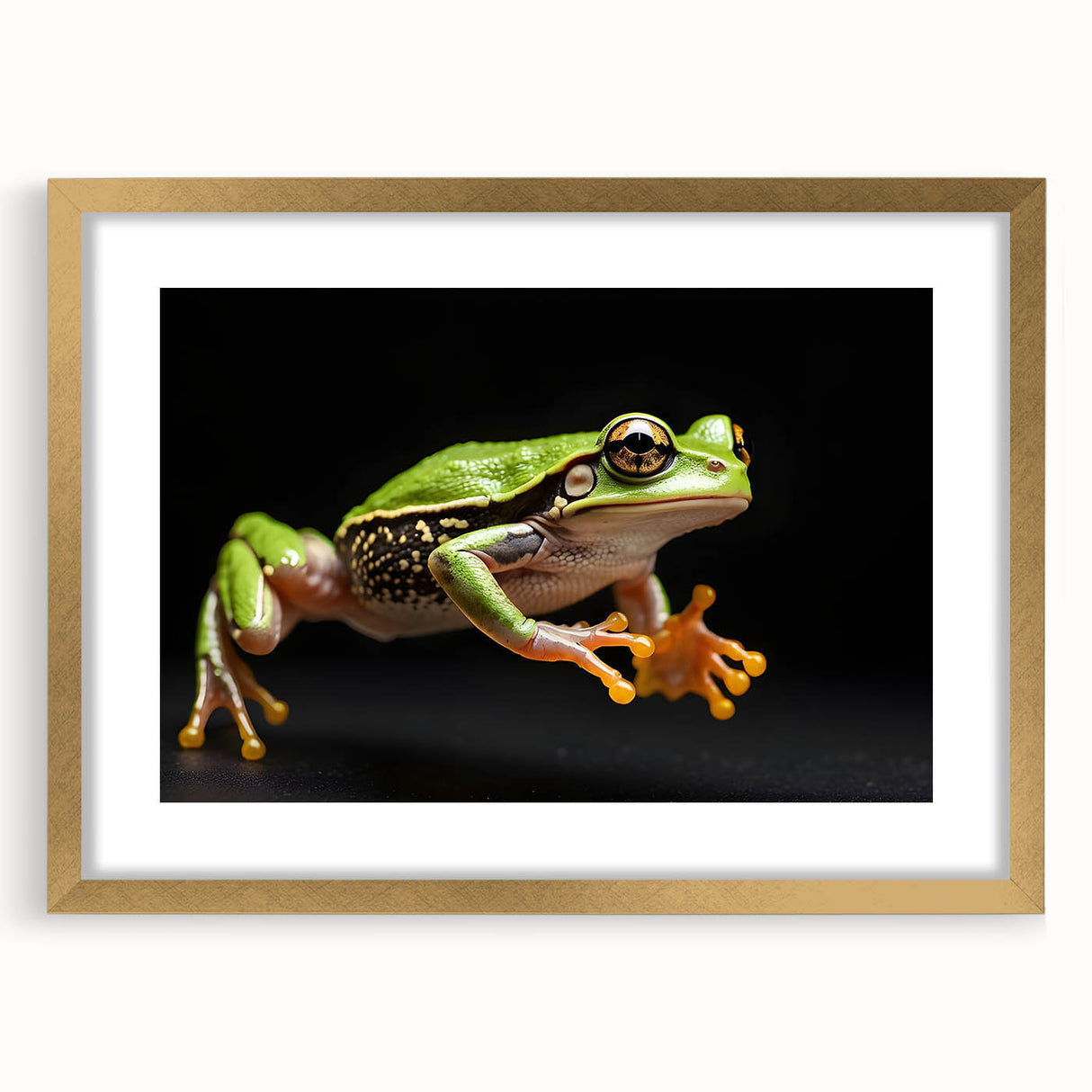 Frog-themed wall art design in a gold frame, showcasing vibrant colors and intricate details, perfect for wildlife enthusiasts and home decor lovers.