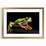 Frog-themed wall art design in a gold frame, showcasing vibrant colors and intricate details, perfect for wildlife enthusiasts and home decor lovers.