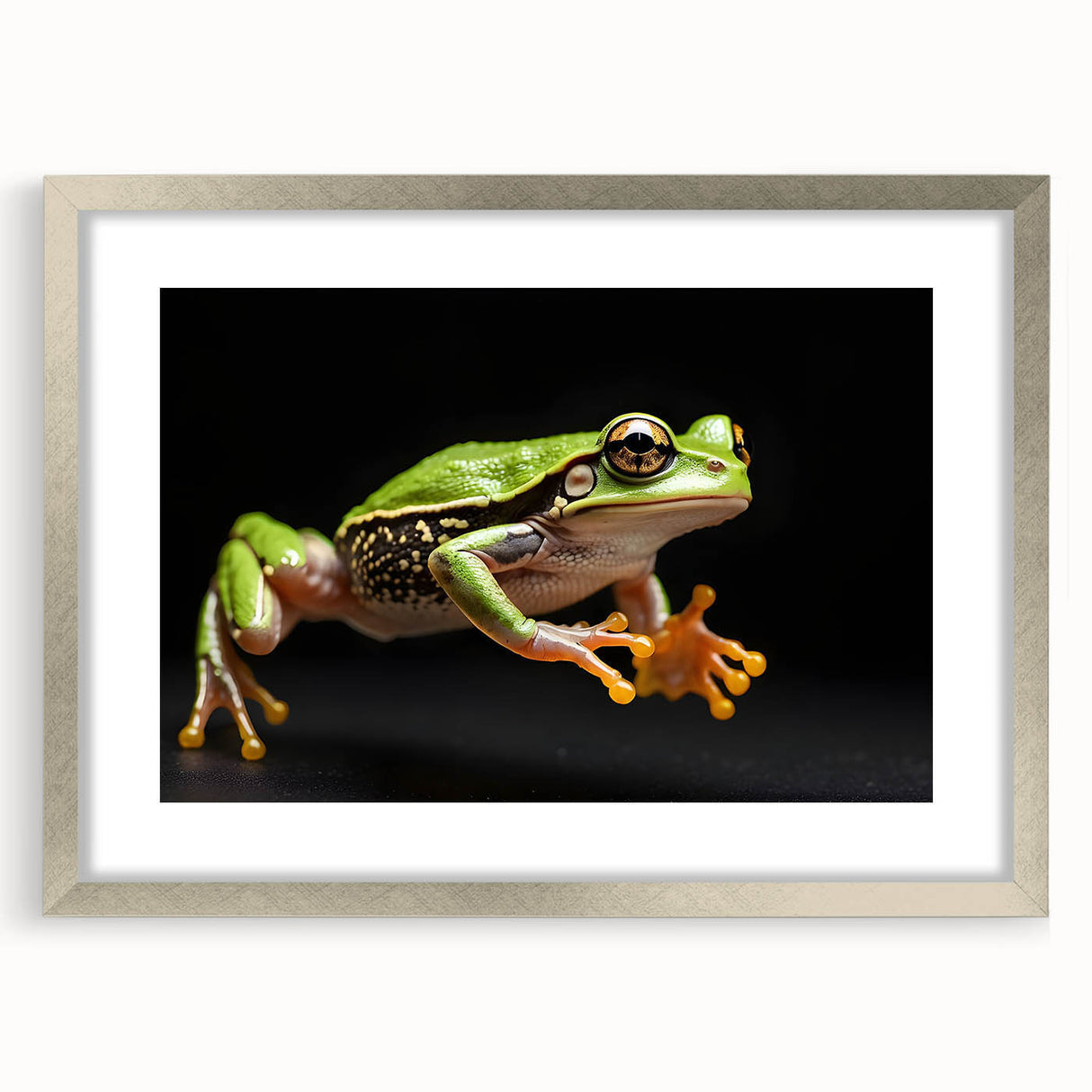 Framed wall art collection featuring a vibrant frog design in silver frame with matting, perfect for nature-inspired decor. Ideal for animal lovers and modern interiors.
