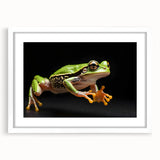 Framed wall art featuring a vibrant frog design from the Animals A Wild Life collection, set against a white mat, perfect for nature-themed decor.
