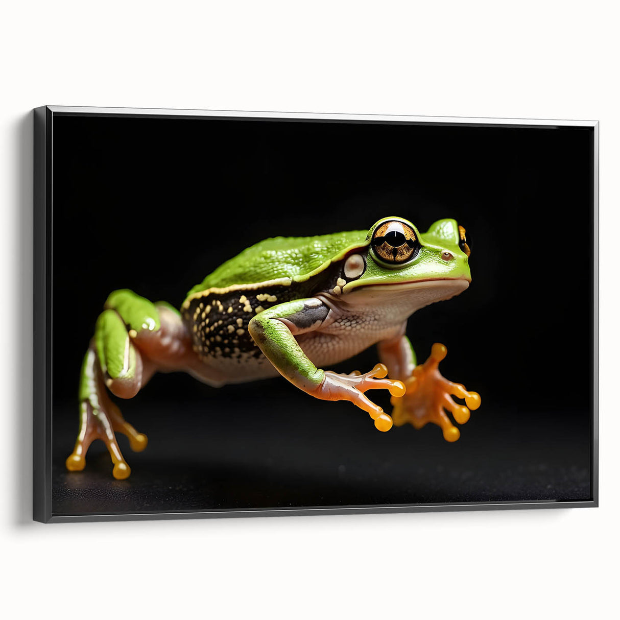 Framed wall art showcasing a vibrant green frog design on a black background, ideal for nature lovers. Perfect for adding a splash of color to home decor.