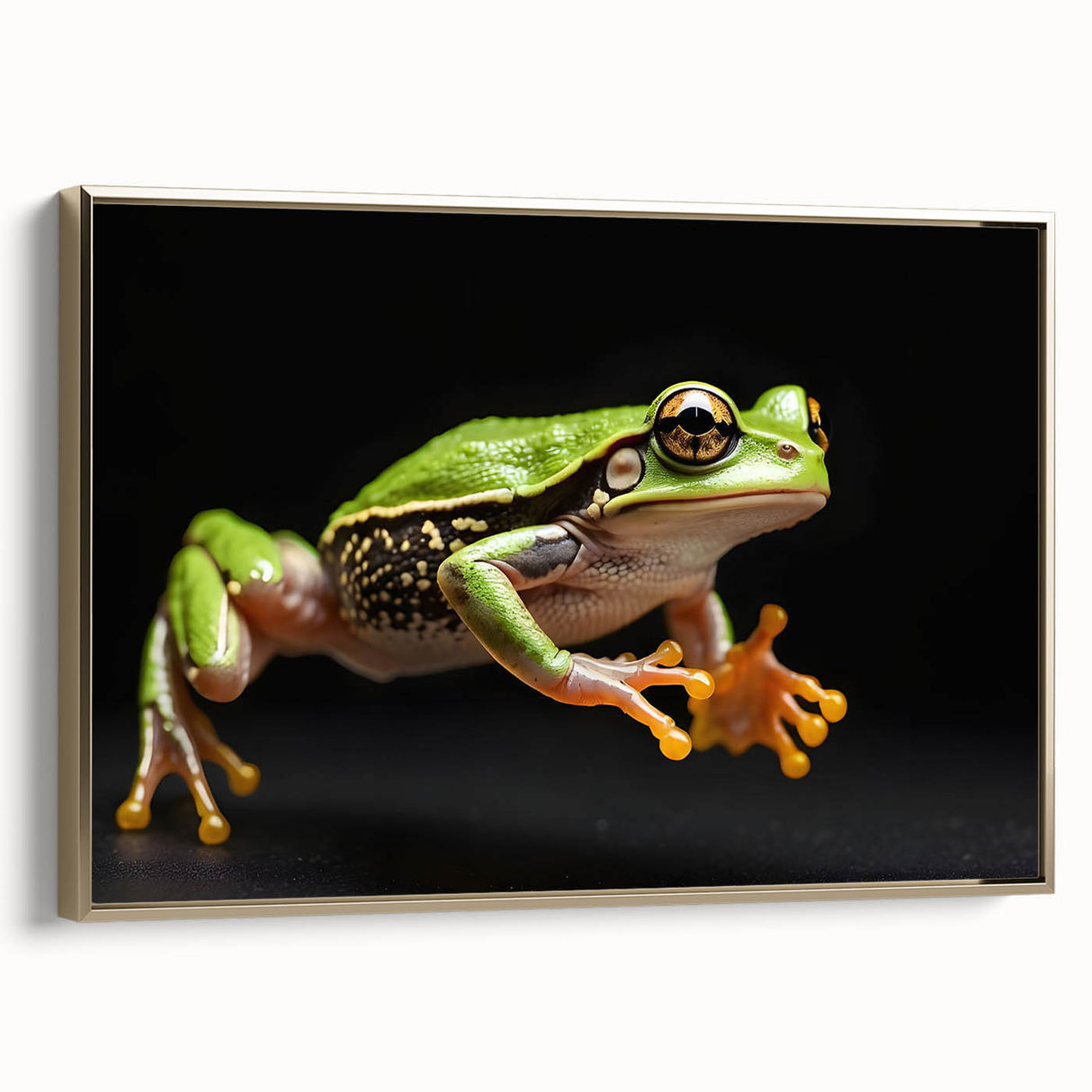 Framed wall art featuring a vibrant frog design in gold tones, showcasing intricate details and textures, ideal for nature-themed decor, enhancing any room's ambiance.