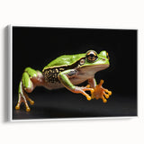 Framed wall art featuring a vibrant frog design in a white frame, showcasing intricate details and colors, perfect for animal lovers and nature enthusiasts.
