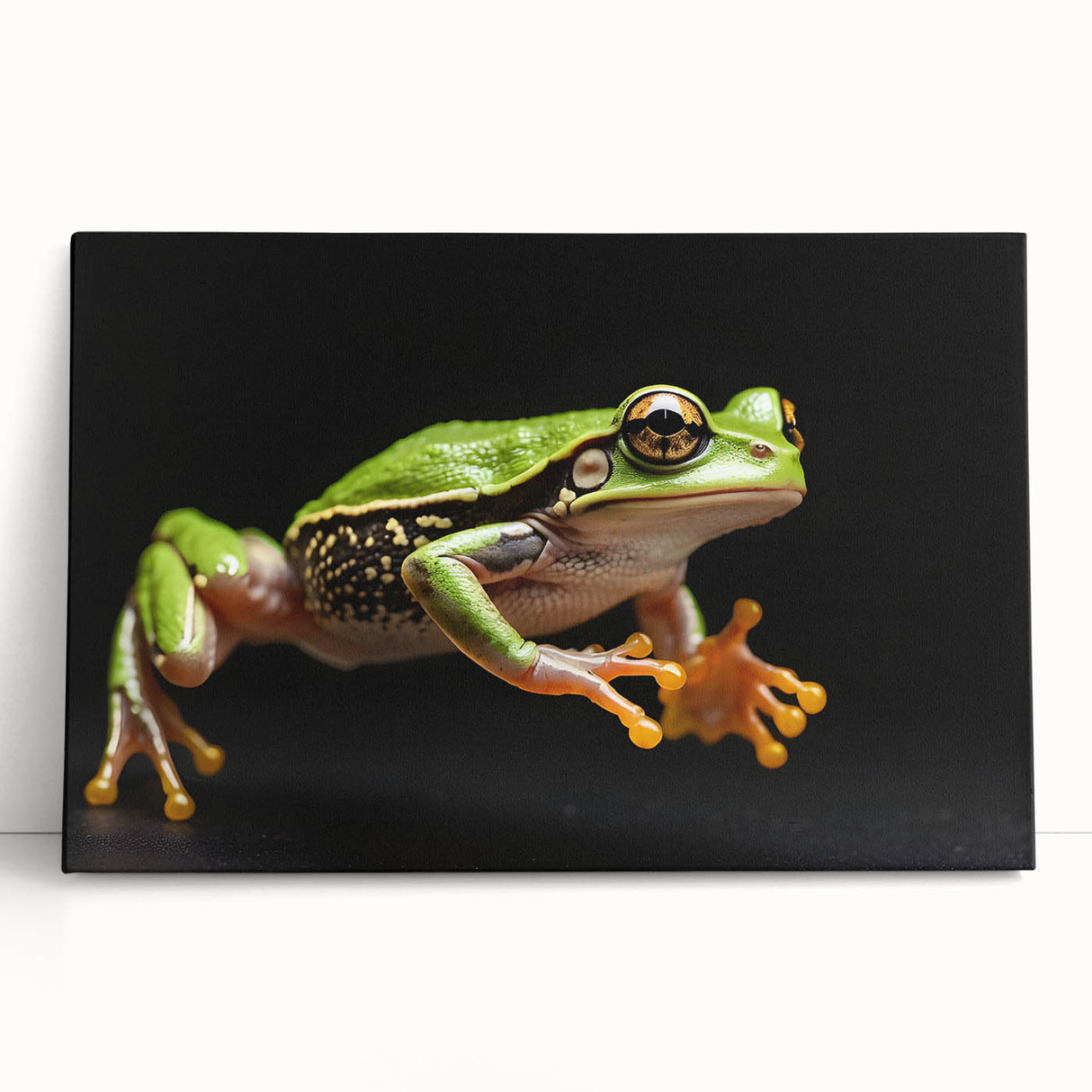 Vibrant stretched canvas wall art featuring a whimsical frog design in bright green and yellow hues, perfect for adding a playful touch to home decor.