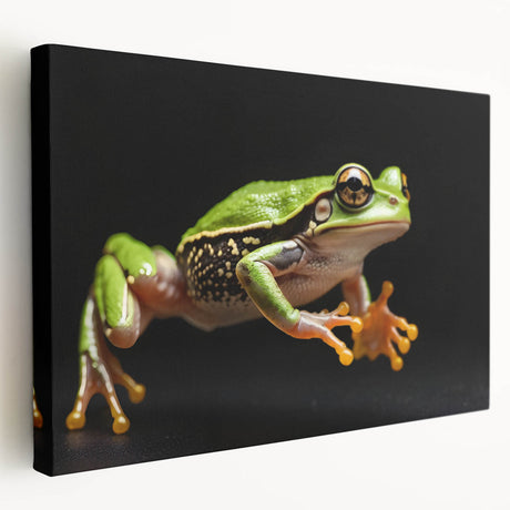Vibrant stretched canvas wall art featuring a whimsical frog design in a lush green setting, perfect for animal lovers and nature-inspired decor.