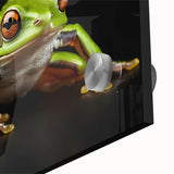 Close-up of vibrant acrylic glass wall art featuring a detailed frog design surrounded by lush greenery, perfect for wildlife enthusiasts and home decor.