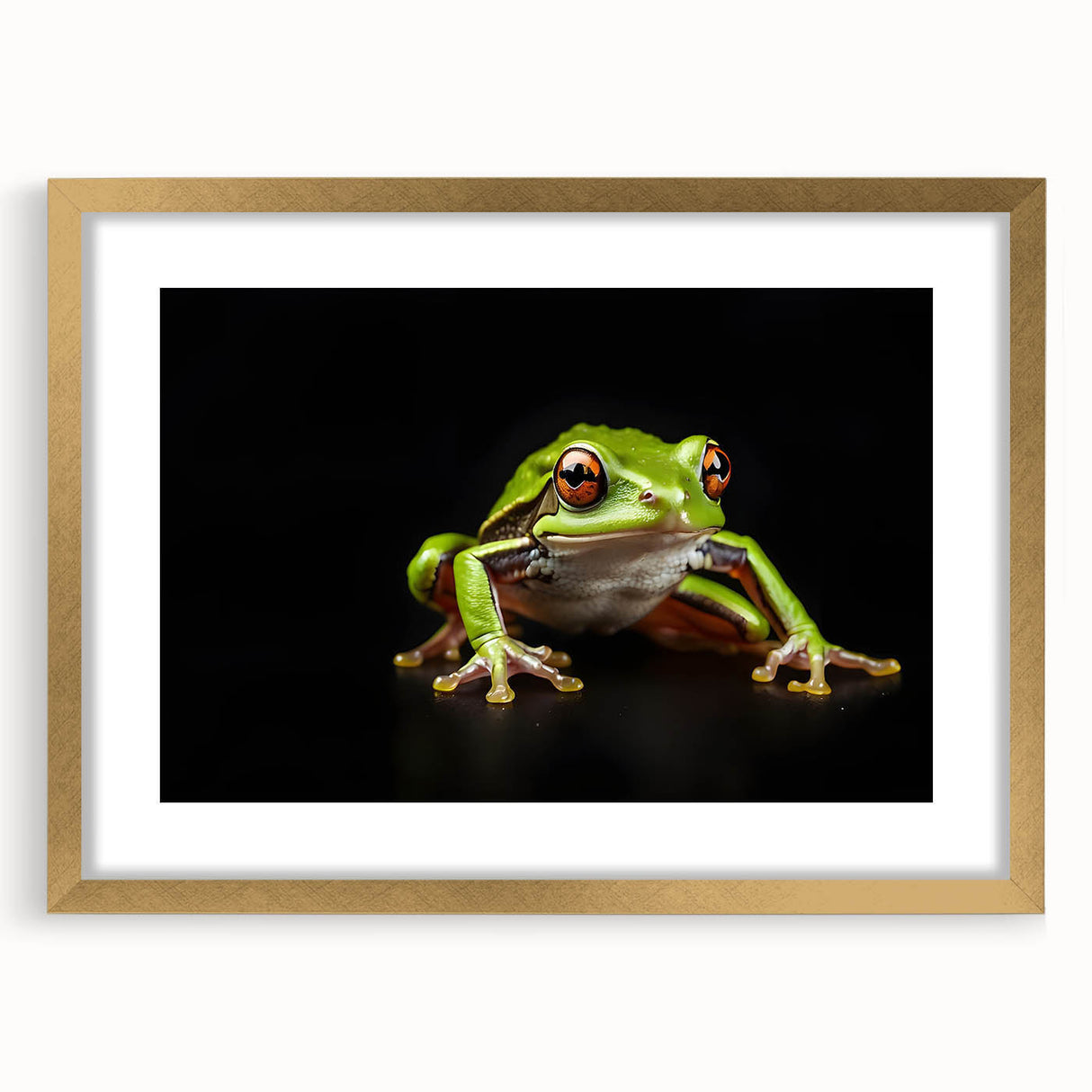 Framed wall art collection featuring a vibrant frog design, elegantly matted and set in a gold frame, perfect for nature-themed decor. Ideal for animal lovers and home accents.