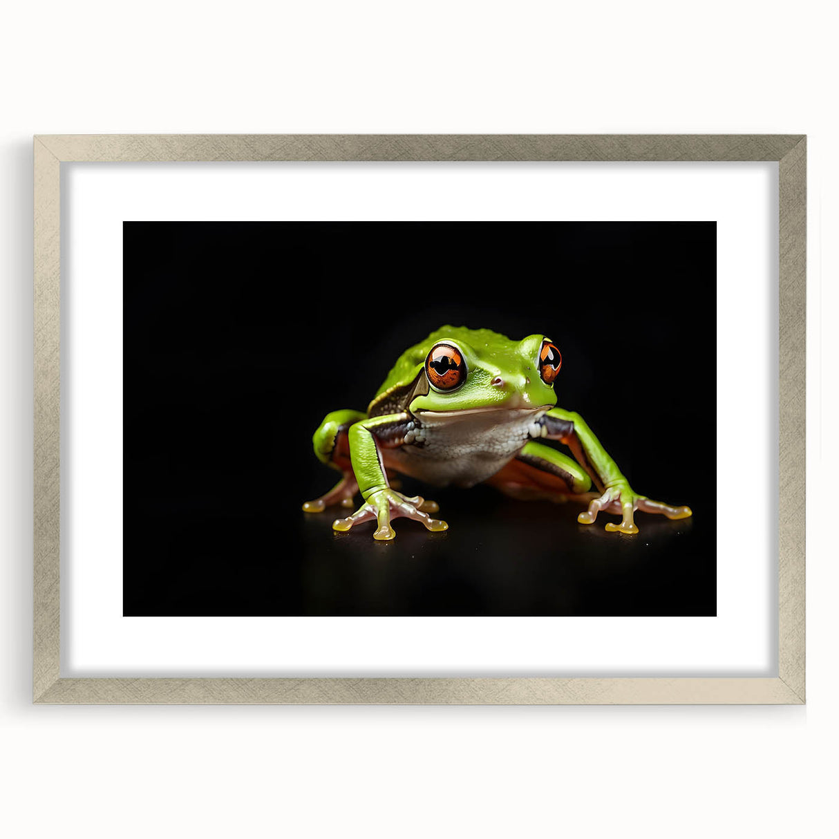 Framed wall art collection featuring a vibrant frog design with a silver mat, ideal for nature-inspired decor. Perfect addition to any wildlife-themed room.