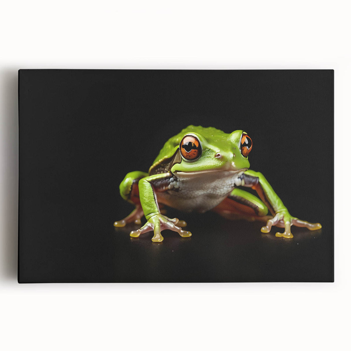 Vibrant stretched canvas wall art featuring a colorful frog design, showcasing intricate details and bold colors, perfect for nature enthusiasts and home decor.