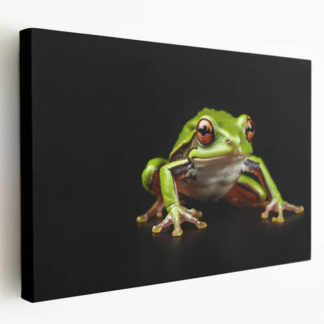 Colorful frog design on stretched canvas wall art, showcasing intricate details and vibrant hues, perfect for nature lovers and home decor enthusiasts.