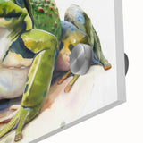 Close-up view of a vibrant, acrylic glass wall art piece featuring a detailed frog design, showcasing intricate colors and textures, perfect for wildlife enthusiasts.