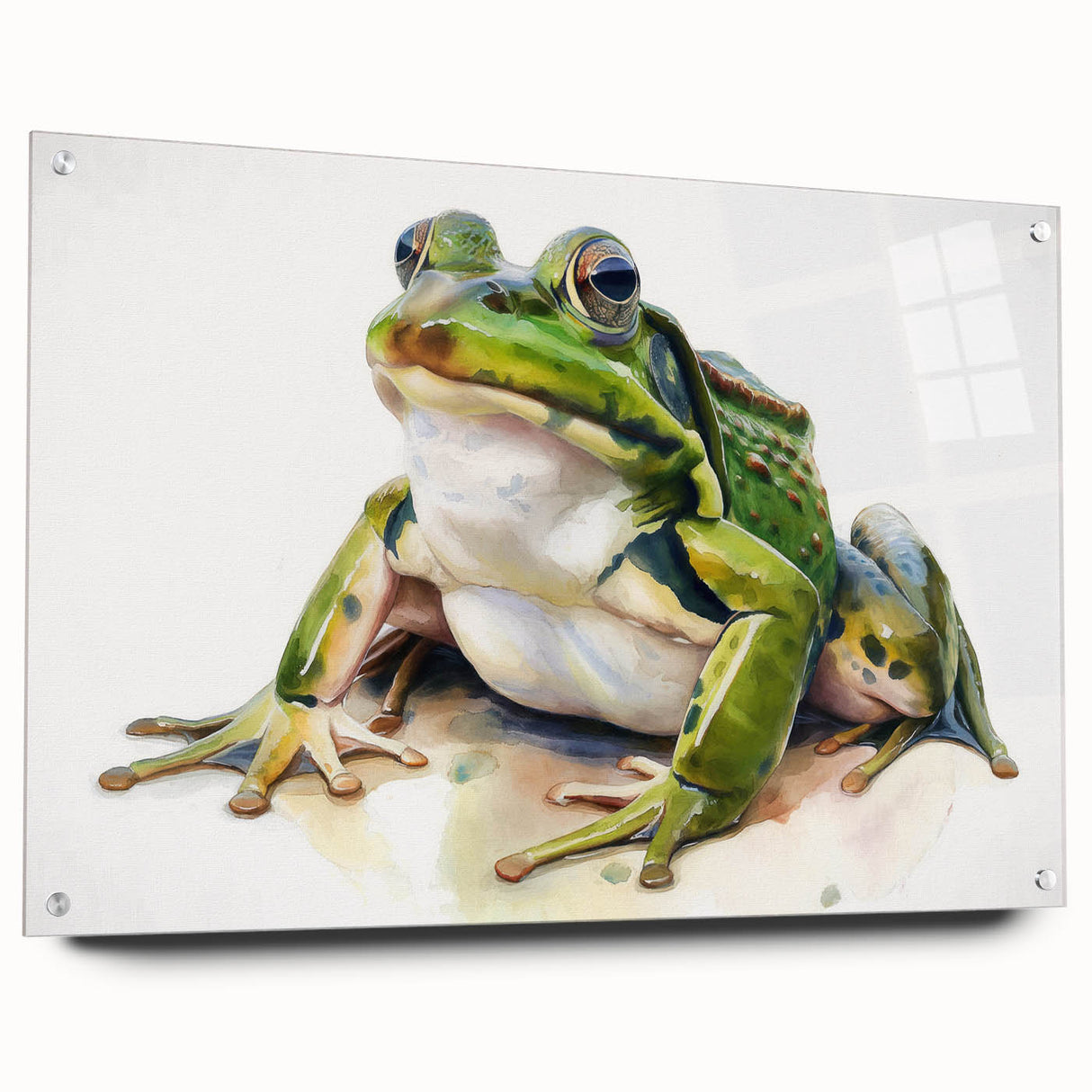 Close-up of a vibrant acrylic wall art piece featuring a detailed frog design, showcasing rich colors and textures, ideal for wildlife enthusiasts and modern decor. The artwork is displayed with decorative pins on a sleek surface, emphasizing its artistic depth and unique charm.
