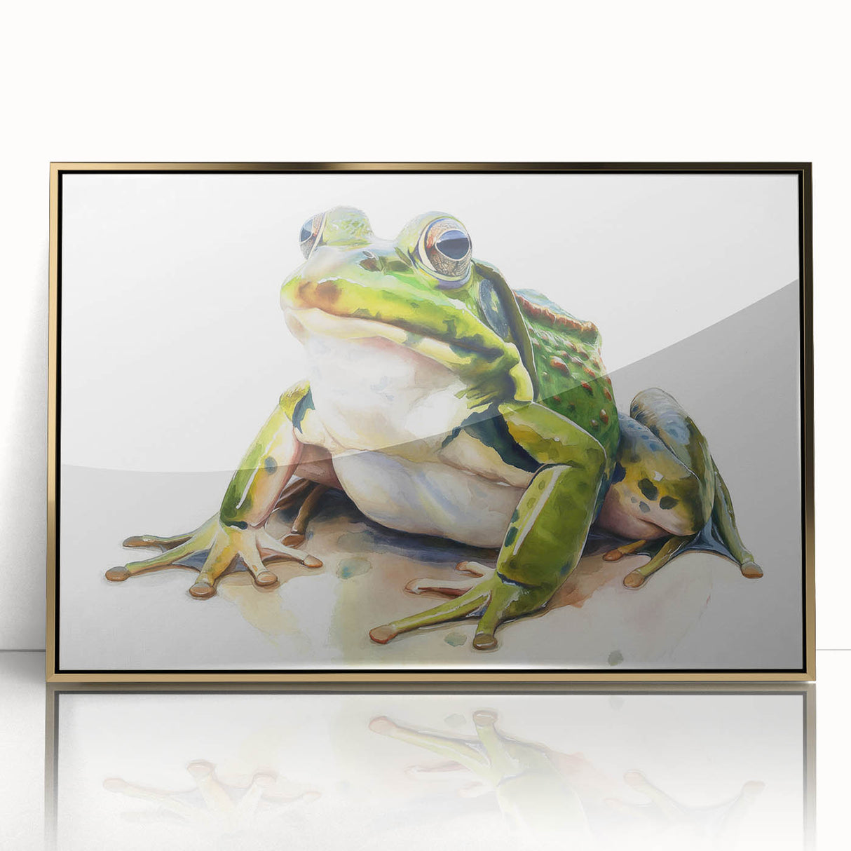 Framed wall art showcasing a vibrant green frog design with gold accents, set against a sleek black background, perfect for animal-themed decor.