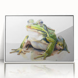 Framed wall art featuring a vibrant frog design on acrylic, showcasing a white frame and colorful details, perfect for animal lovers and home decor enthusiasts.