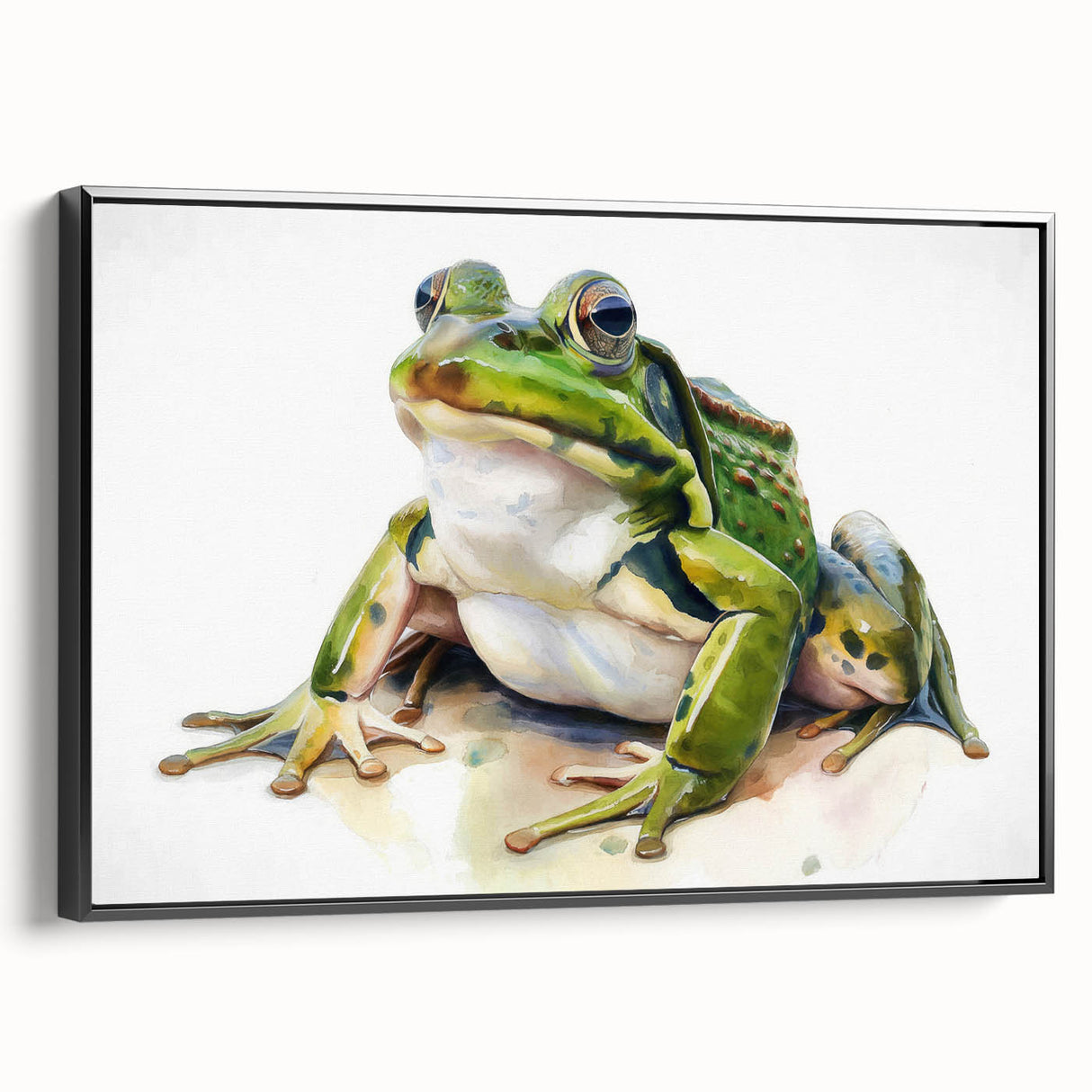 Framed wall art featuring a vibrant frog design, showcasing a colorful and detailed representation of wildlife, with a sleek black frame, ideal for nature enthusiasts.