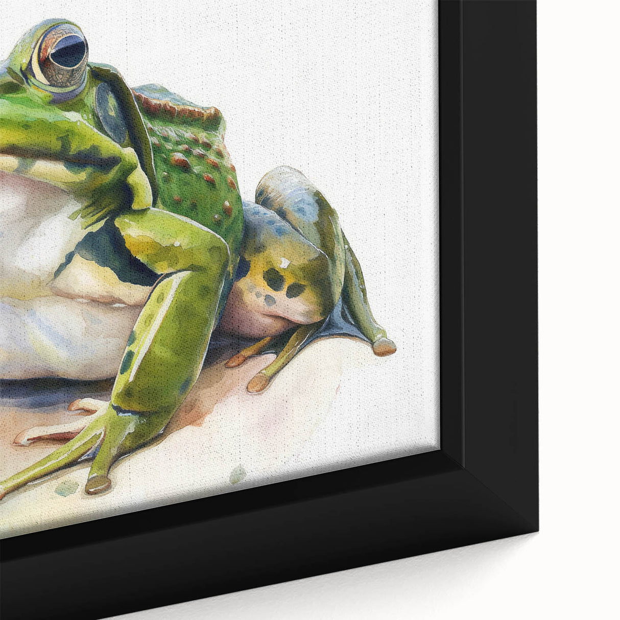 Close-up of a framed canvas wall art featuring a vibrant green frog design, showcasing intricate details and textures, perfect for wildlife enthusiasts and home decor.