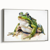 Framed wall art showcasing a vibrant frog design in a silver frame, highlighting intricate details and textures, perfect for nature-themed decor.