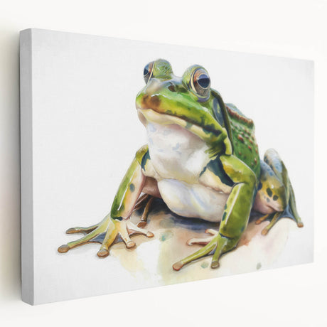 Vibrant stretched canvas wall art featuring a detailed frog design, showcasing rich green tones and intricate textures, ideal for nature-themed decor.