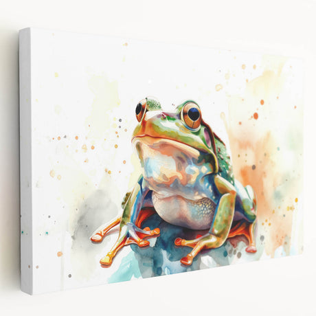 Stretched canvas wall art featuring a vibrant frog design in a natural setting, showcasing detailed textures and colors, perfect for wildlife enthusiasts.